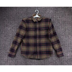Lucky Brand Shirt Mens Medium Green Blue Plaid Wool Blend Flannel Elbow Patches